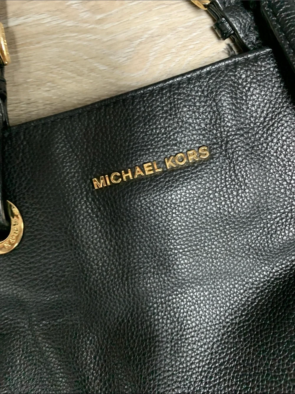 Michael Kors Black Leather Pebbled Tote with Gold Hardware
